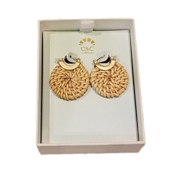 Beachy Round Gold Tone Wicker Earrings - Picture 4 of 4